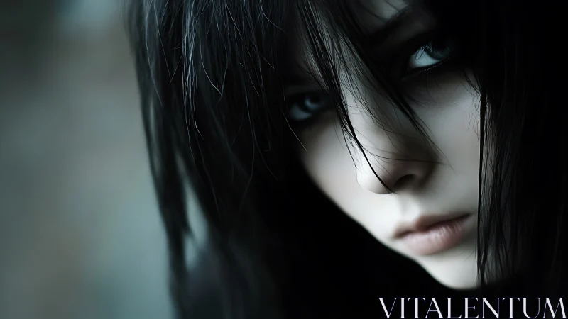 Moody close-up portrait with soft, searching blue eyes.