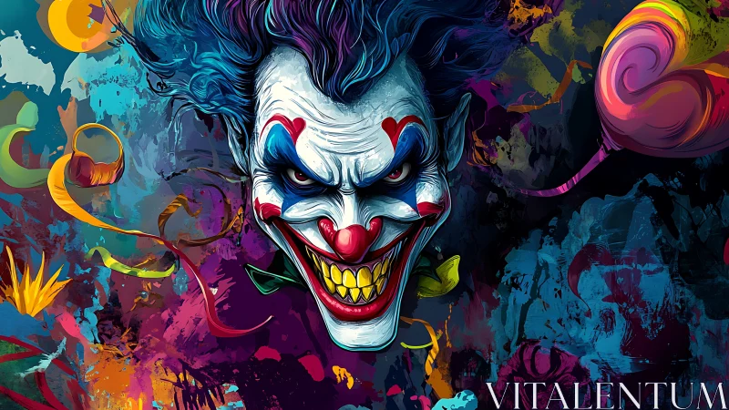 Psychedelic sinister clown portrait amid neon abstract chaos
