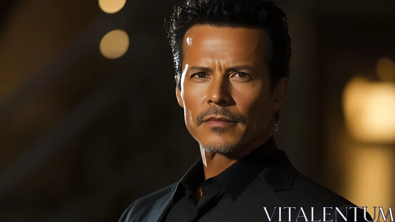 Midnight-slick gentleman framed in cinematic amber light.