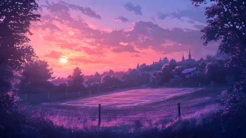 Sunset tennis court glowing softly in peaceful countryside.