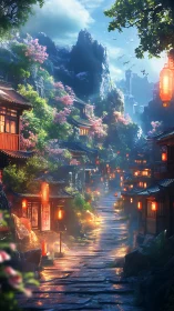 Mountain village street with lanterns at dusk in spring.