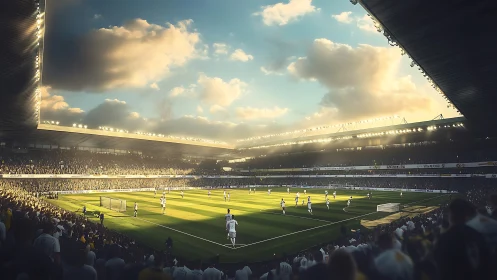 Sunlit football stadium match under dramatic evening sky.