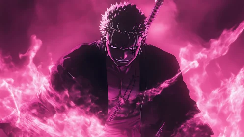 Sword-wielding warrior ignites in neon pink inferno aura.