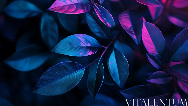 Neon blue and magenta leaves under moody low key lighting.