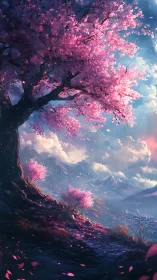 Blossom-draped mountain path under drifting pink skies.