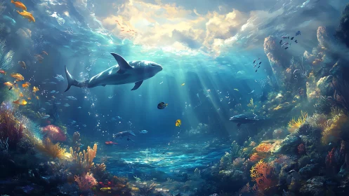 Digital seascape with shark gliding through sunlit reef panorama.
