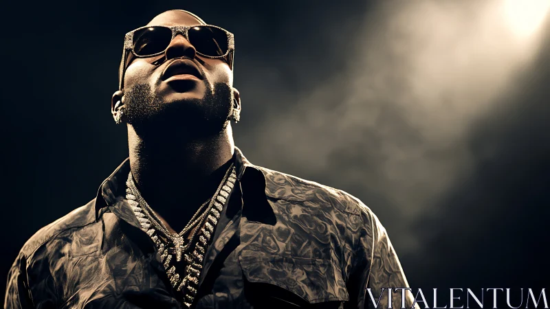 Confident performer glowing under warm spotlight onstage.