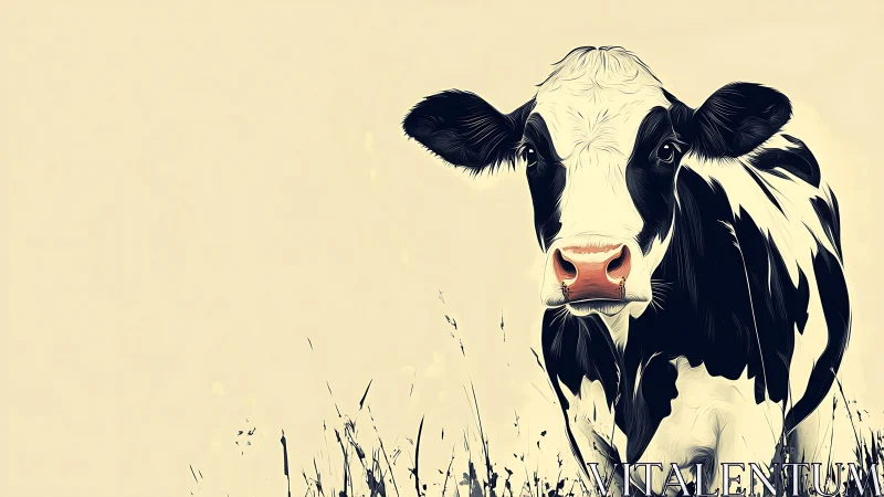 Vector-stylized Holstein cow portrait with minimal field context