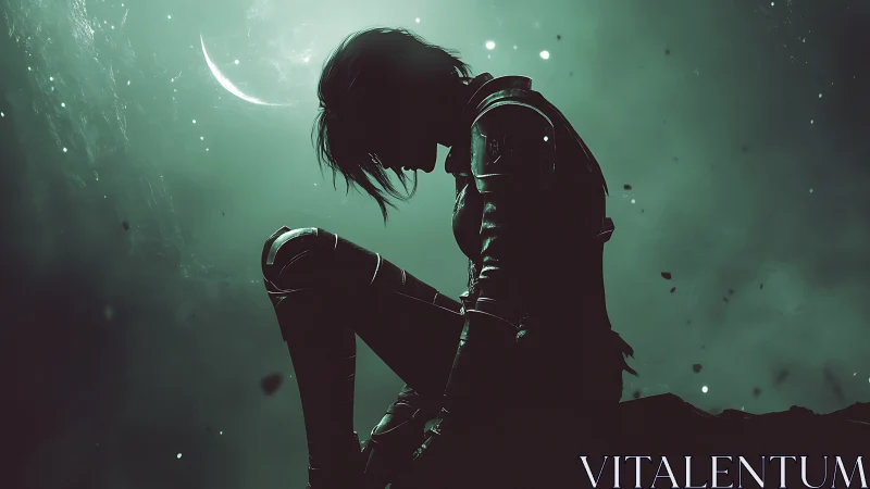 Quiet armored warrior resting beneath a distant crescent moon.