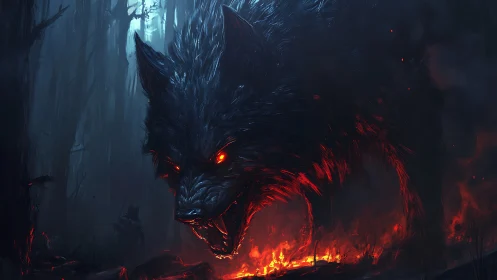 Demonic wolf stalks burning forest with molten eyes glowing
