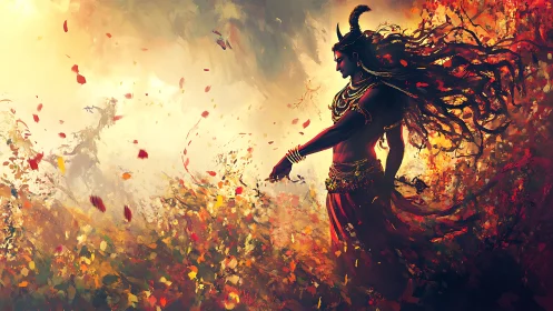 Mythic horned figure commands swirling autumnal flame field