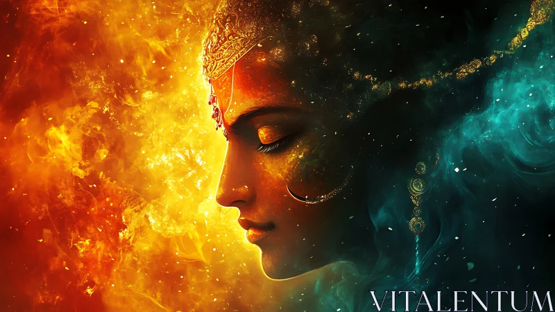 Profile of celestial woman divides fiery and teal nebula