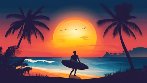 Sunset surf pause beneath glowing tropical skies.