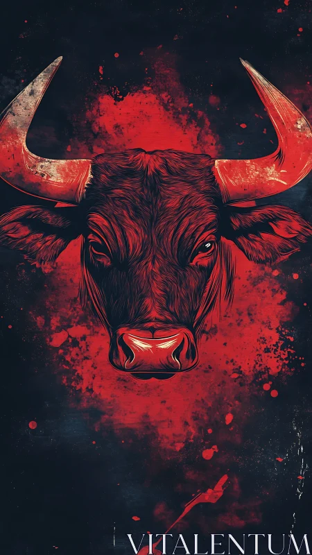 Digital painting of a red bull portrait on dark splatter field.