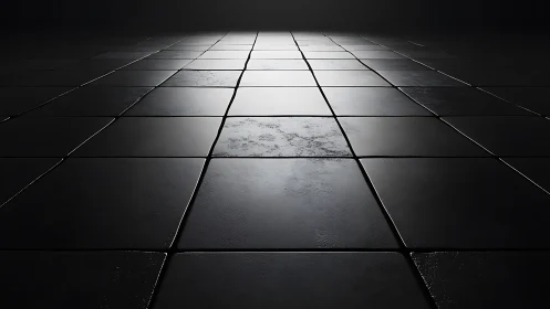 Black tiled floor recedes into dramatic cinematic darkness.