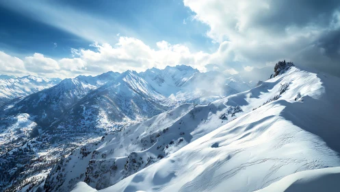 Sunlit alpine ridge with sweeping snowy mountain vistas.