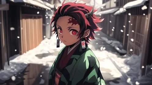 Horned red-eyed boy in snowy alley anime scene.