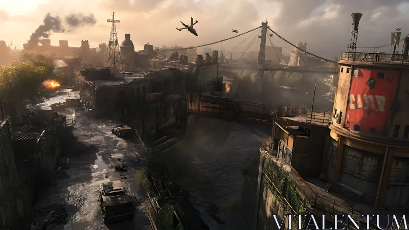 Postwar industrial riverside with damaged bridge and smoke.