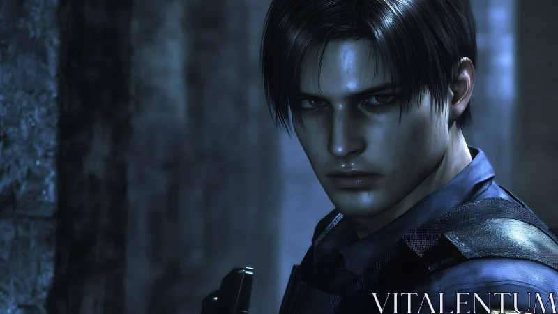 Brooding digital cop portrait in cold blue lighting.