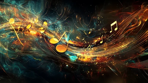 Golden musical notes traverse abstract light trails in space