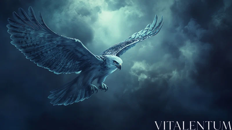 Digital painting of a dramatic eagle in stormlit flight.