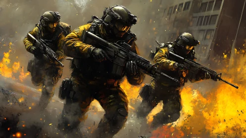 Dynamic digital painting of tactical squad in urban inferno.