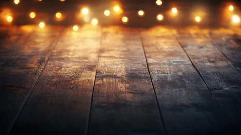 Wooden floorboards glow softly beneath distant fairy lights