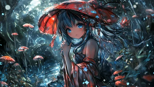 Anime nocturne with red parasol in luminous forest tableau.