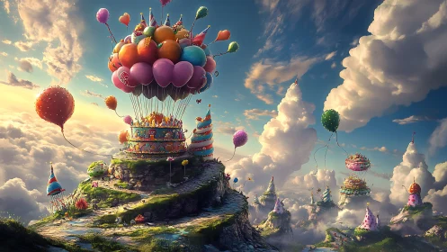 Candy balloon carnival ascends above cloud islands at sunset