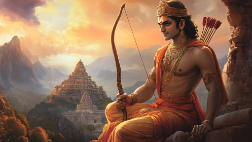 Epic archer prince in ornate regalia overlooking stepped temple