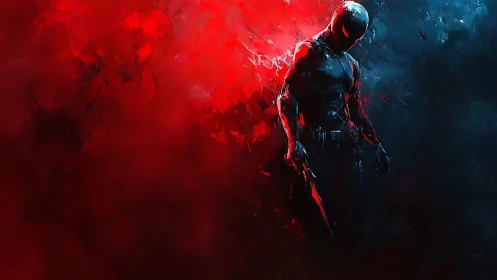 Shadow gunslinger crossing the red and blue electric storm.