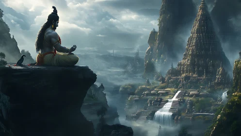 Meditating ascetic overlooking stepped temple city in misty gorge