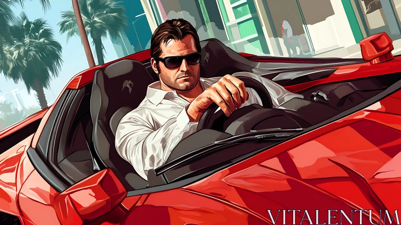 Confident driver in red sports car on sunny city street.