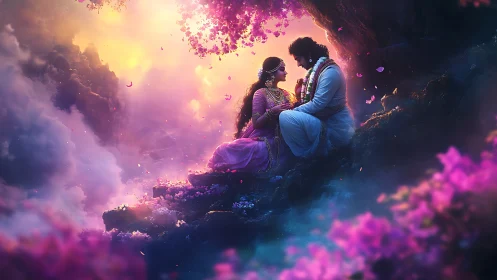 Celestial Romance: Divine Couple Amid Blooming Starlight.