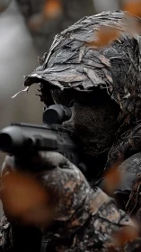 Camouflaged sniper aims rifle through dense natural cover