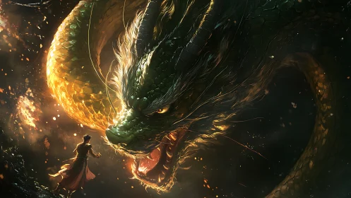 Warrior faces massive glowing dragon amid embers.