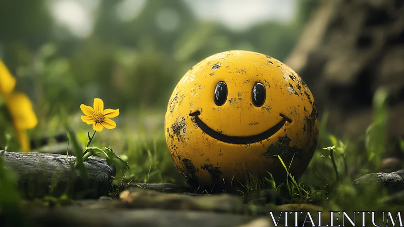 Weathered yellow smiley sphere brightens forest floor