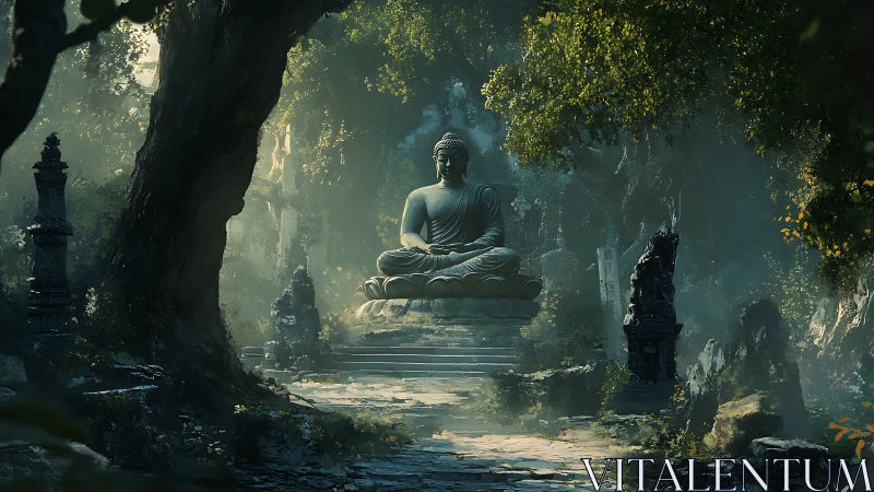 Seated Buddha statue in dense forest temple ruins scene.