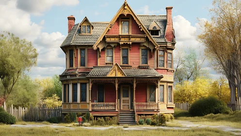 Victorian gingerbread house in warm afternoon garden light.