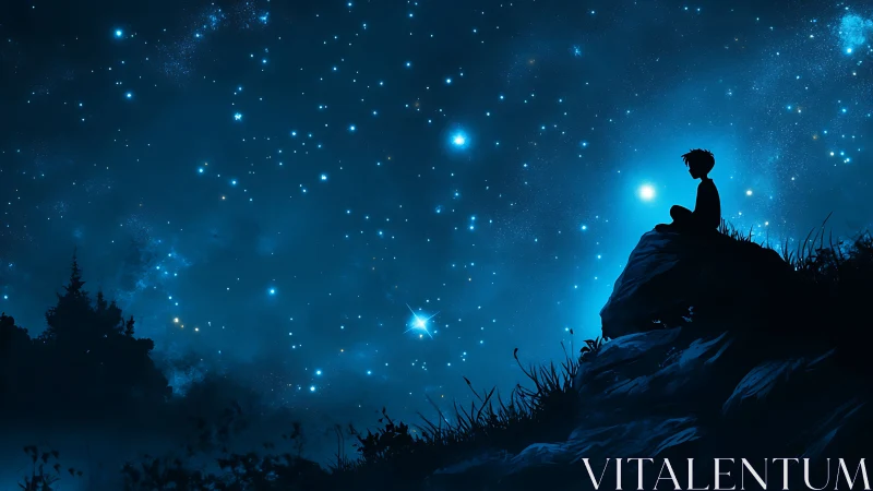 Silhouetted child on moonlit cliff under dense starfield.