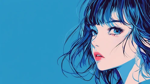 Blue-haired anime girl gazes back in minimalist profile art.