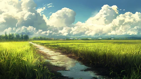 Sunlit rice fields with water path under broad clouds.