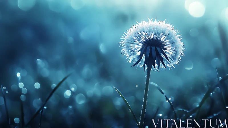 Soft blue dawn embracing a single dewy dandelion.