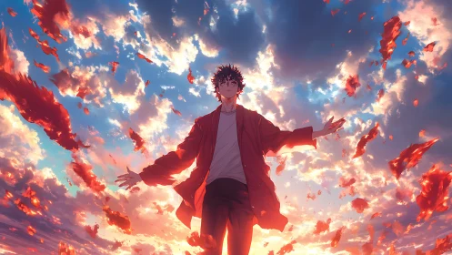 Radiant sunset sky surrounds a calm boy in a red coat