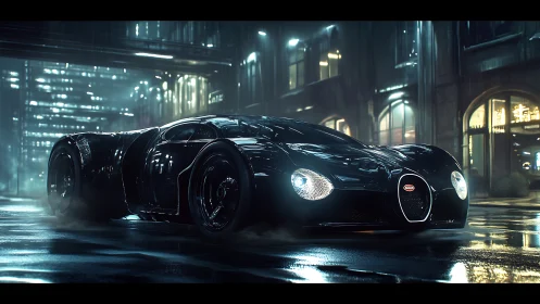 Nocturnal aero-hypercar on reflective neo-noir rain street.