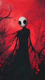 Pale-eyed wraith figure in crimson abstract forestscape.