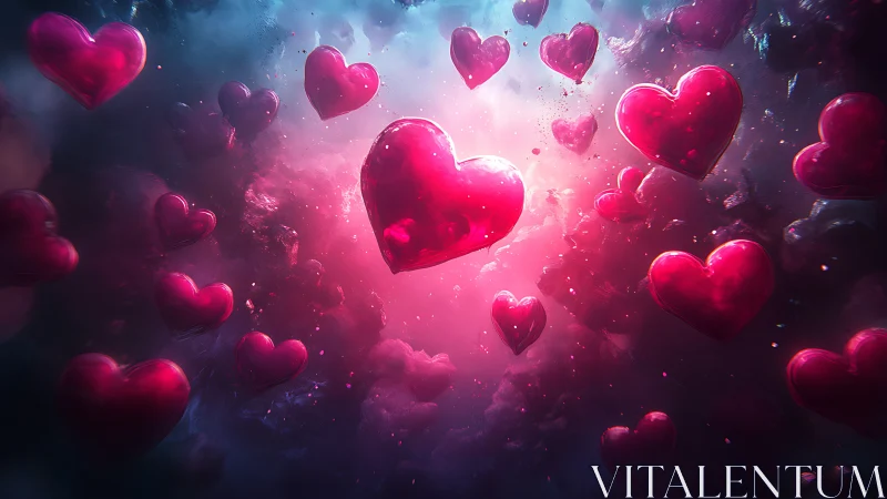 Luminous Hearts Floating Through Pink Cosmic Mist