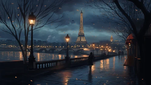 Moody Paris promenade glows beneath the illuminated Eiffel Tower