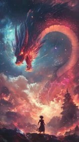 Celestial dragon confronts lone warrior above temple.