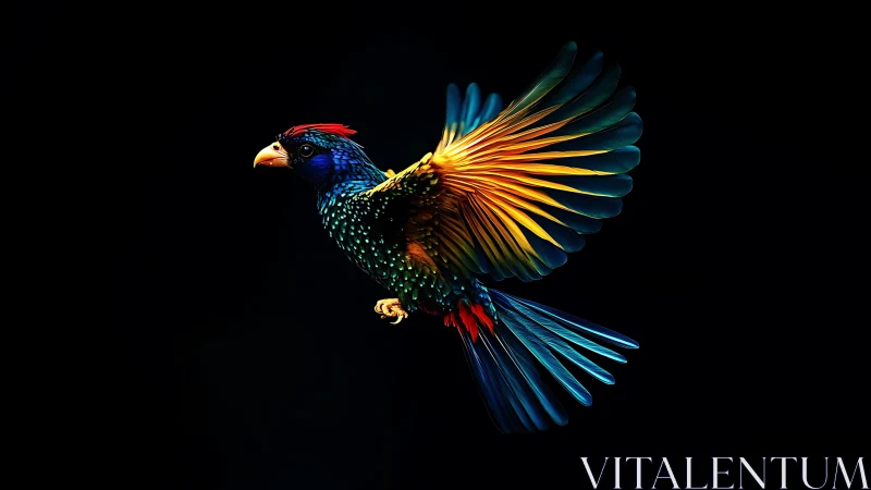 Vivid Exotic Bird in Flight with Colorful Feathers on Black Background.